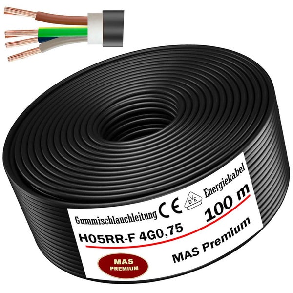 Gummischlauchleitung H05RR-F 4G0,75, 100 Meter, vieradriges Energiekabel, mit Querschnitt der Adern, MAS Premium Logo.