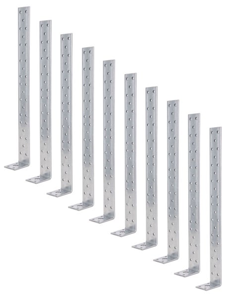 Set aus zehn gelochten Montagewinkeln aus verzinktem Stahl in unterschiedlichen Langen zur stabilen Holzverbindung.