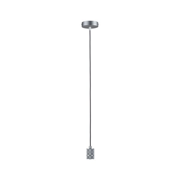 Eine einflammige Pendelleuchtenfassung mit Kabel und Deckenanschluss in metallischer Optik.