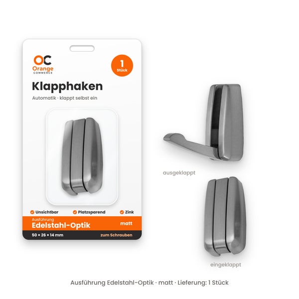 Automatischer Klapphaken in Edelstahl Optik aus Zink in matter Ausführung zum Schrauben mit den Maßen 50 mal 26 mal 14 Millimeter.