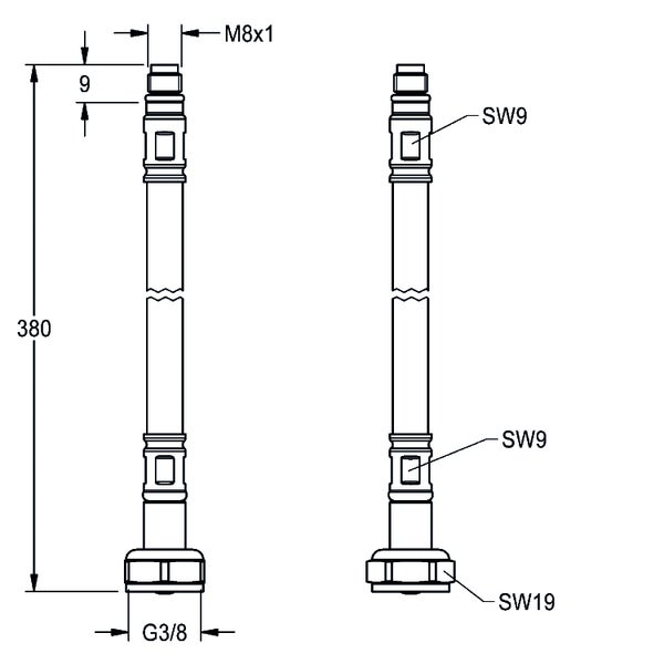 Technische Zeichnung eines flexiblen Anschlussschlauchs mit 380 Millimeter Länge, M8x1 Anschluss und G 3/8 Zoll Mutter.
