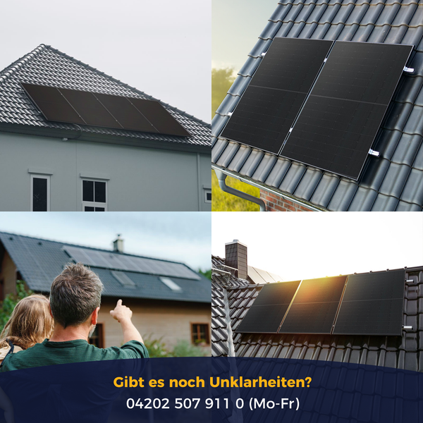 Collage mit installierten Solarmodulen auf Hausdächern und einem Paar, inklusive Kontaktinformationen für Fragen von Montag bis Freitag.
