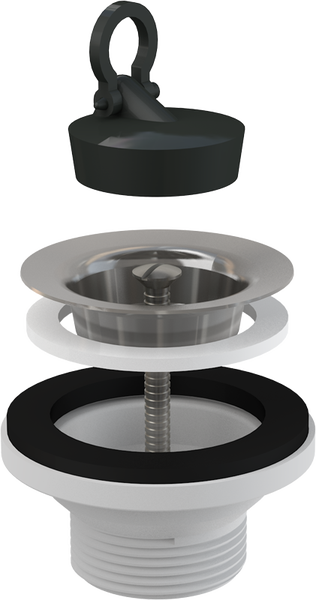 Ablaufgarnitur für Waschbecken, bestehend aus Ventil, Dichtungen und Stopfen.