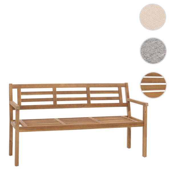 Dreisitzer Gartenbank aus Holz mit Armlehnen und Lattenstruktur.