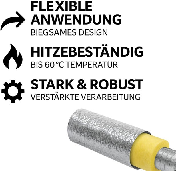 Isolierter Lüftungsschlauch, flexibles Design, hitzebeständig bis 60 Grad, robuste Verarbeitung mit verstärkter Schicht.