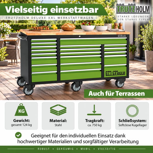 Trutzholm Deluxe XXL Werkstattwagen mit Holzplatte auf Rollen für Terrasse und Garten, inklusive technischer Spezifikationen und Trutzholm Logo.