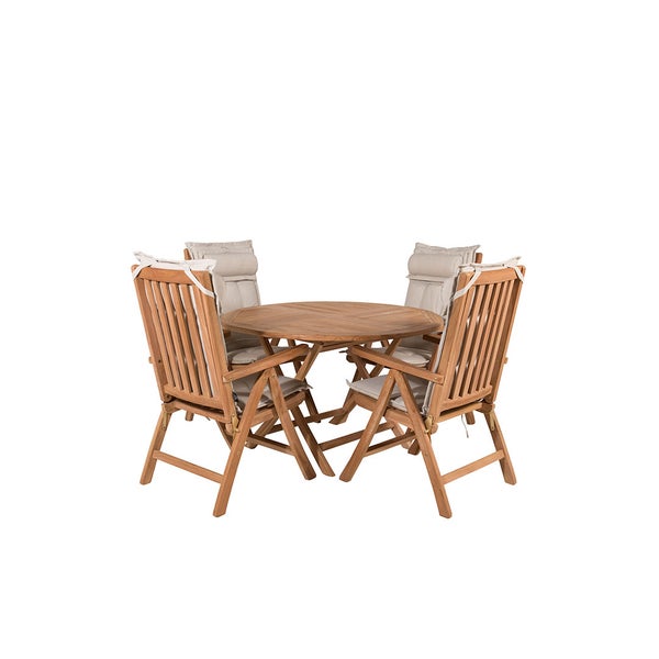 Gartenmöbel Set aus Holz mit rundem Tisch und vier Klappstühlen inklusive Sitzkissen.