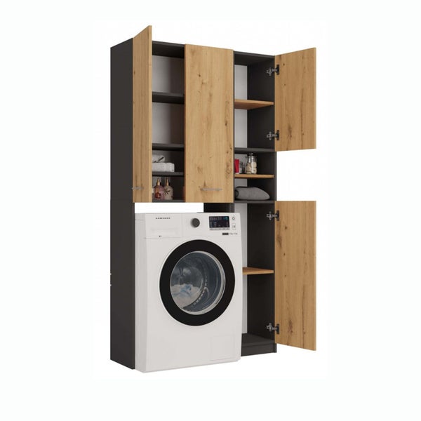 Waschmaschine mit passendem Waschmaschinenschrank zur Aufbewahrung von Waschutensilien