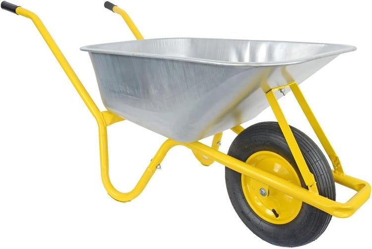 Schubkarrenrad mit gelber Felge und schwarzem Reifen