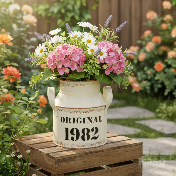 Milchkanne-Pflanztopf mit Aufschrift Original 1982, mit rosa Hortensien und weißen Gänseblümchen, auf einer Holzkiste im Garten.