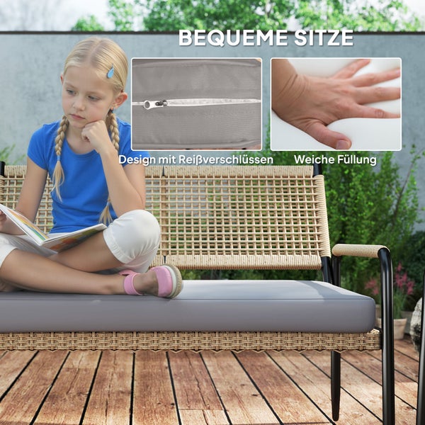 Outsunny Gartenmöbel Set aus Polyrattan Lounge-Set mit 2er Sofa Sessel Glastisch Kissen wetterfest Sitzgruppe für 4 Personen Outdoor Balkonmöbel Set Terrassenmöbel für Garten Balkon Dunkelgrau+Gelb
