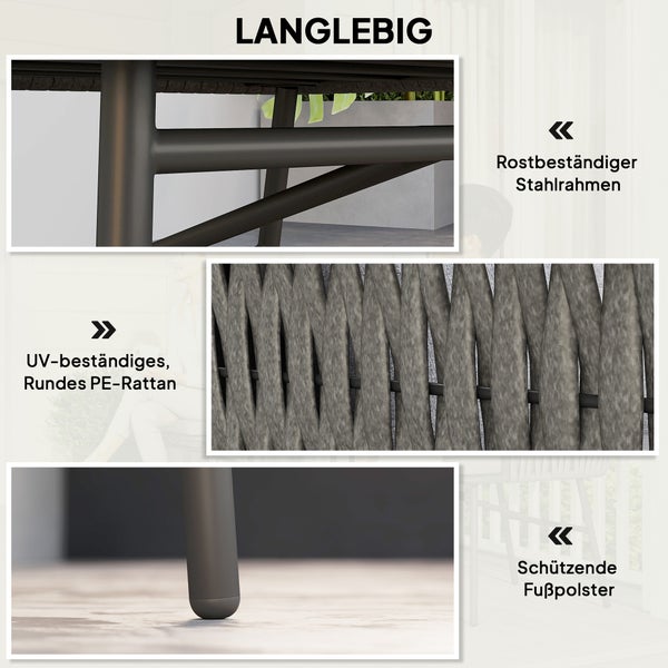 Detailansicht eines Gartentisches mit Stahlrahmen, Polyethylen Rattan und Bodenschonern