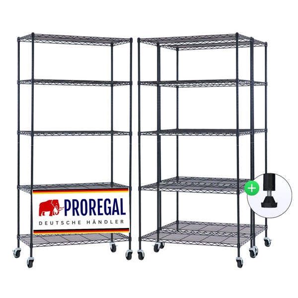 Proregal Metall-Gitterregal in Schwarz mit 5 Böden, Rollen und höhenverstellbaren Füßen.