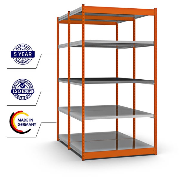 PROREGAL Fachbodenregal Stecksystem Vierkant-Profil Grundregal HxBxT 200 x 132,5 x 80 cm 2x5 Ebenen Doppelseitige Bauart Fachlast 200 kg Orange