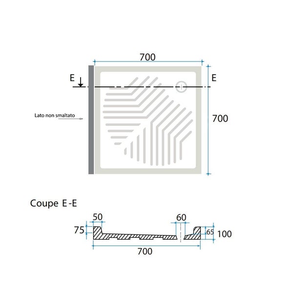 Technische Zeichnung einer Duschwanne mit Maßangaben