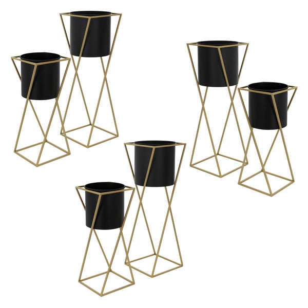 ML-Design Blumenständer 6er Set, Schwarz-Gold, 21x21x51/24x24x70,5 cm, Stahl, Blumentopfständer mit Übertopf, Metall Pflanzenständer, Blumentopfhalter 6-tlg, Pflanztopf Deko Blumensäule Blumenhocker