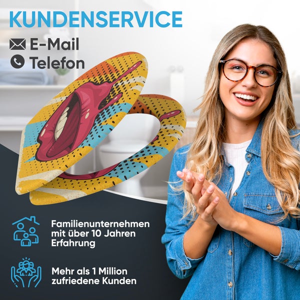 Kundenservice Anzeige mit WC Sitz mit Pop Art Motiv und lächelnder Frau zur Darstellung der Firmenwerte und Kontaktmöglichkeiten.