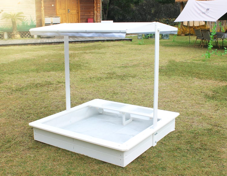 WONDERMAKE® Design Sandkasten mit Matschküche, Dach, Abdeckung OXFORD 420D, Vliesfolie, Sandkiste Holz quadratisch verschließbar Outdoor Garten für Kinder, weiß silber