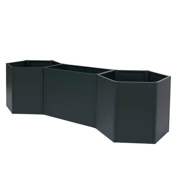 Modulares Hochbeet aus Metall in Anthrazit, bestehend aus zwei sechseckigen und einem rechteckigen Element.