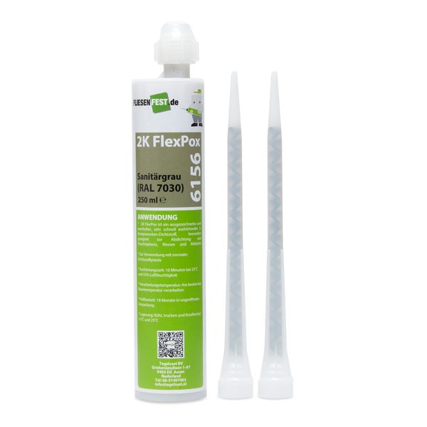 2K FlexPox 6156 Zwei-Komponenten-Dichtstoff Sanitärgrau 250 Milliliter Kartusche inklusive zwei Mischdüsen.