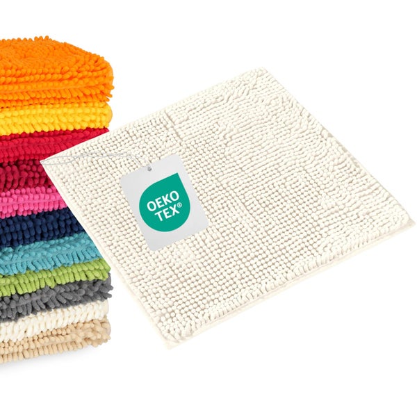 Chenille Badematte mit OEKO-TEX Siegel für schadstoffgeprüfte Textilien.