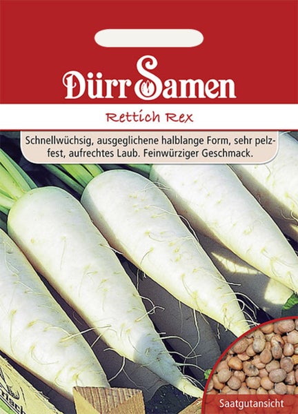 Dürr Samen Logo auf einer Samentüte für Rettich Rex mit Abbildung von Rettichen und einer Detailansicht der Samen.