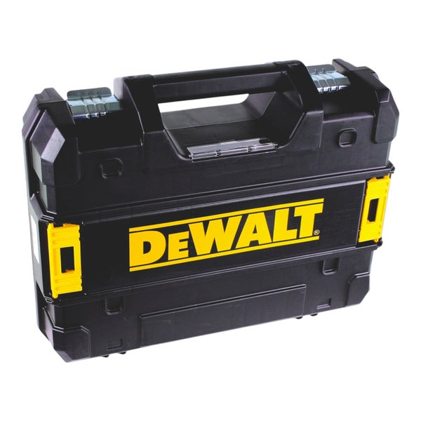 DeWALT Werkzeugkoffer aus Kunststoff mit Metallverschlüssen und Tragegriff. DeWALT Logo.