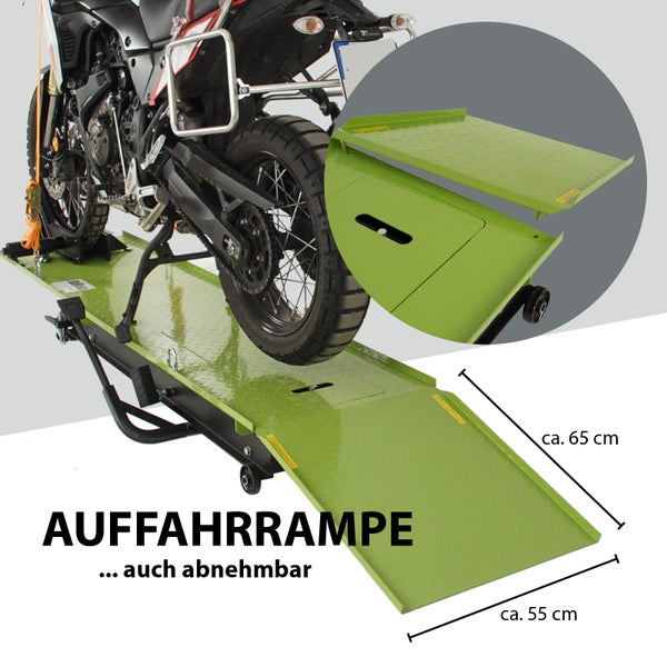 Motorrad auf Motorradhebebühne mit abnehmbarer Auffahrrampe