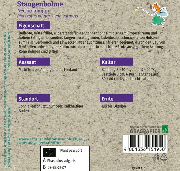 Rückseite einer Samentüte für Stangenbohne Neckarkönigin mit Anbauinformationen zu Aussaat, Standort und Ernte in einer Verpackung aus Graspapier.