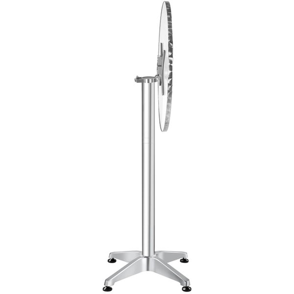 Klappbarer Stehtisch aus Aluminium mit hochgeklappter runder Tischplatte und Vierfußgestell in der Seitenansicht.