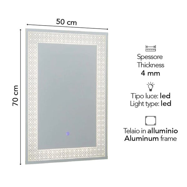 Rechteckiger LED-Badspiegel mit Aluminiumrahmen, dekorativem Randmuster, 50 mal 70 Zentimeter, 4 Millimeter dick, mit Touch-Sensor.