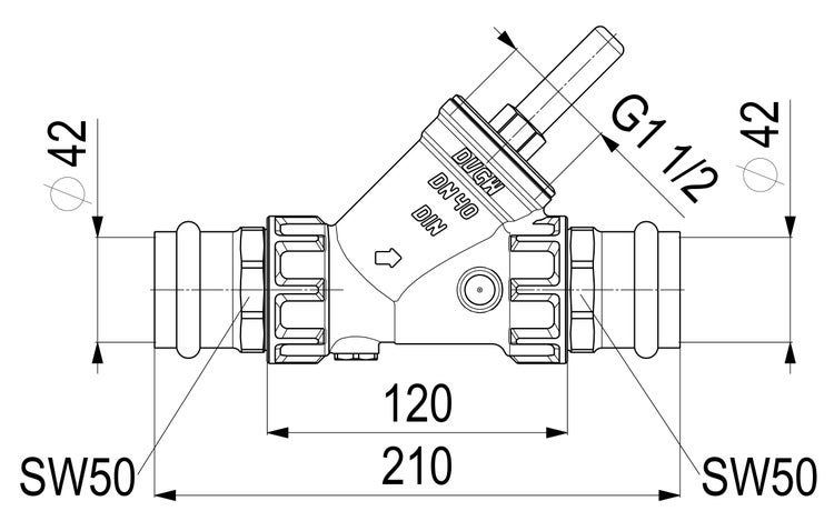 Technische Zeichnung eines Schrägsitzventils Nennweite 40 mit Maßen wie Gesamtlänge 210 Millimeter und Gewinde G 1 1/2 Zoll.