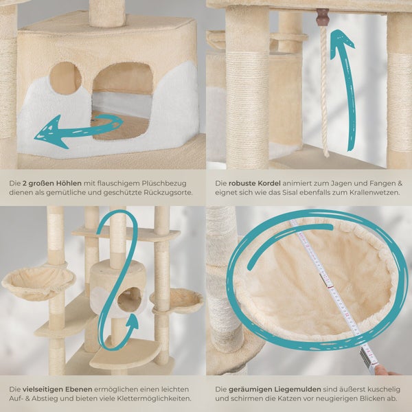 Detailansicht eines beigen Katzenkratzbaums mit Höhlen, Liegemulden, Ebenen und Sisalstämmen.