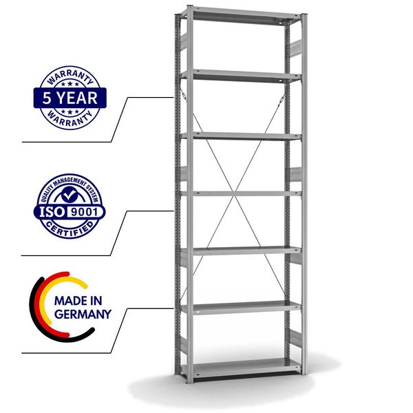 PROREGAL Fachbodenregal Stecksystem T-Profil Heavy-Duty Grundregal HxBxT 300 x 100 x 30 cm 7 Ebenen Fachlast 300 kg Einseitig Nutzbar Verzinkt