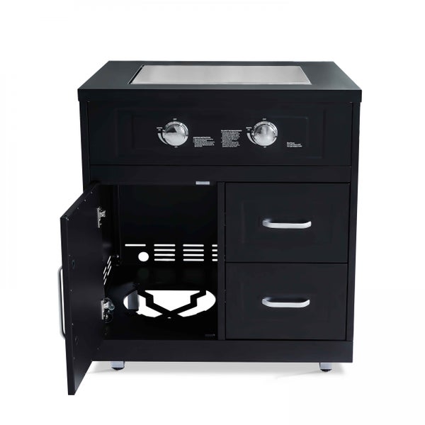 Schwarzer Gasgrill-Unterschrank mit zwei Schubladen, Fach für Gasflasche und zwei Drehreglern.