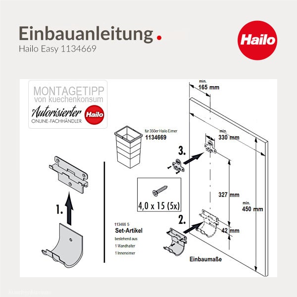 Einbauanleitung für Hailo Easy Abfalltrennsystem 1134669 mit technischer Zeichnung, Montagehinweisen und Maßen für die Wandmontage.