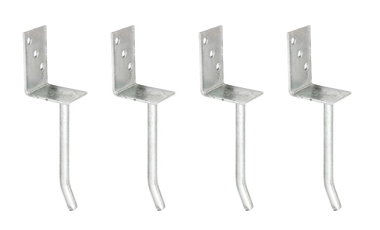 Vier verzinkte Maueranker aus Metall mit Montageplatte zur Befestigung von Holzbalken oder Pfosten.