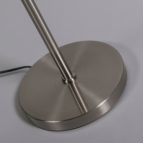 Runder Lampenfuß aus gebürstetem Metall mit schrägem Standrohr und Netzkabel.