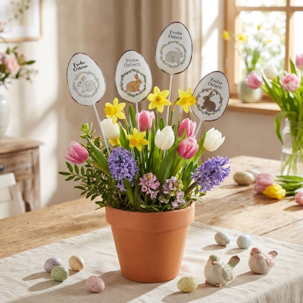Ostergesteck im Tontopf mit Tulpen, Hyazinthen, Narzissen und dekorierten Ostereiersteckern mit Hasenmotiven auf einem Holztisch.