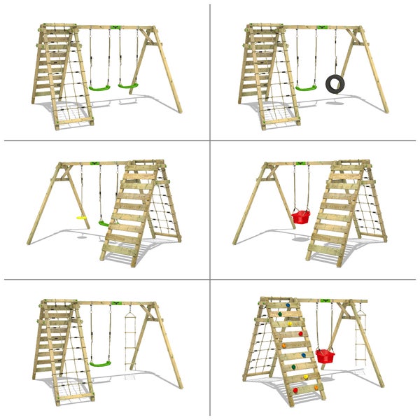 FATMOOSE Kinderschaukel Schaukelgestell JollyJungle Schaukel, Schaukelgerüst, Doppelschaukel, Holzschaukel mit Kletteranbau