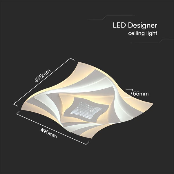 LED Designer Deckenleuchte mit den Maßen 495 mal 495 Millimeter und einer Höhe von 55 Millimeter.