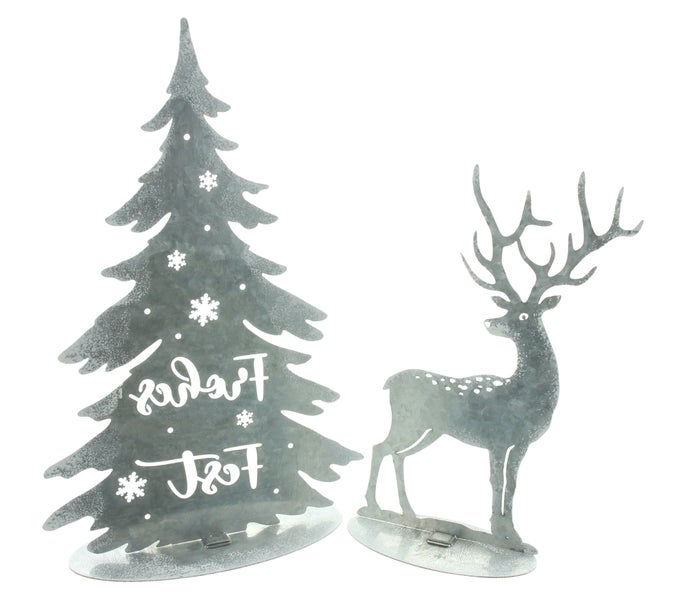 Dekoration mit Tannenbaum und Hirsch aus Metall