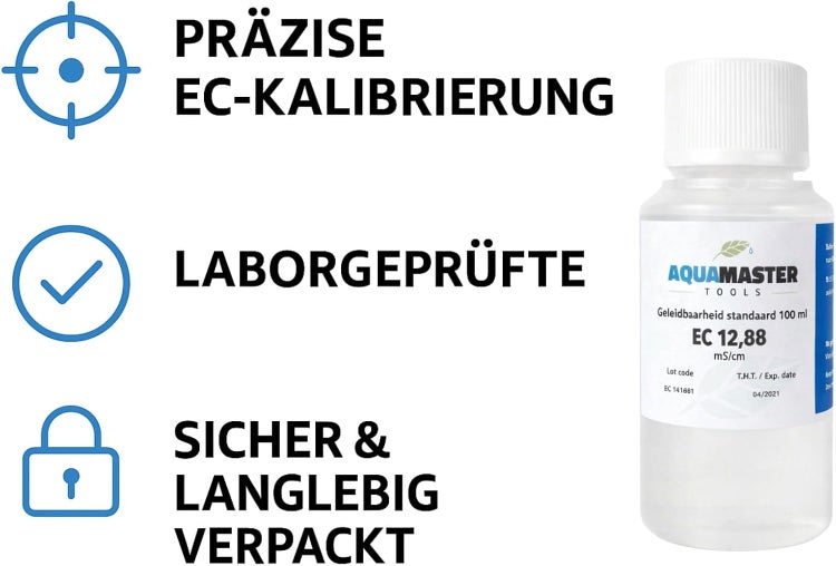 Aqua Master Tools EC-Kalibrierflüssigkeit 12,88 Millisiemens pro Zentimeter, 100 Milliliter, laborgeprüft, präzise Kalibrierung, sicher verpackt.
