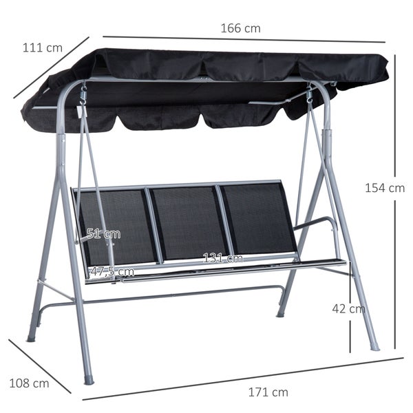 Outsunny Hollywoodschaukel, 3-Sitzer Gartenschaukel mit Dach, 171 x 108 x 154 cm, Metall, Schwarz+Silber