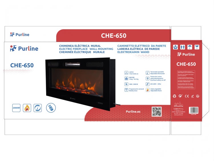 Purline CHE-650 Elektrokamin zur Wandmontage Verpackung