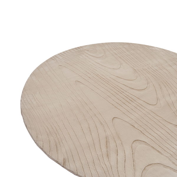 Runder Teppich mit Holzmaserung-Struktur.