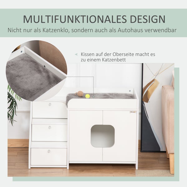 PawHut Katzenschrank für katzentoilette Katzenklo mit 3 Stufen der Treppe Katzenhaus Katzenhöhlen Katzenschrank für Katzenbett mit Türöffnung Weiß 90 x 48 x 59 cm