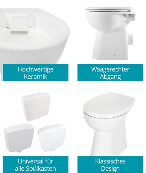 Calmwaters® Spülrandloses WC Komplettset Elements Wellness mit Toilettendeckel, erhöhtes Stand WC + 7 cm, abnehmbarer WC-Sitz mit Absenkautomatik & Schnellbefestigung, Tiefspüler, Weiß, 07AB3134