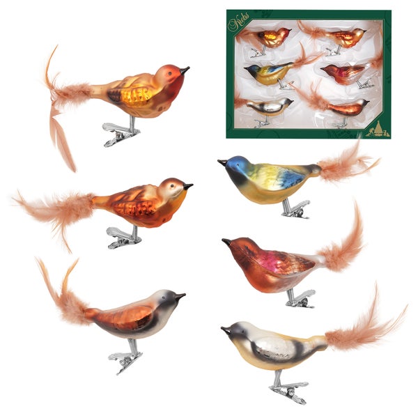 Dekorative Glasvögel mit Federn und Clip zur Weihnachtsdekoration, Set mit sechs Stück