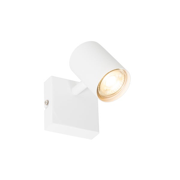 Weißer Wandstrahler mit verstellbarem, zylindrischem Lampenkopf und quadratischer Halterung.